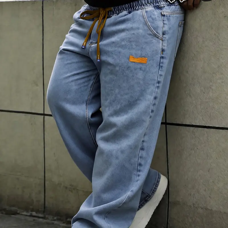 Men's Plus Size Loose Casual Denim Pants, 2XL Fits W36, 2XL-W36 to 6XL-W44, Drawstring Waist Streetwear Jeans