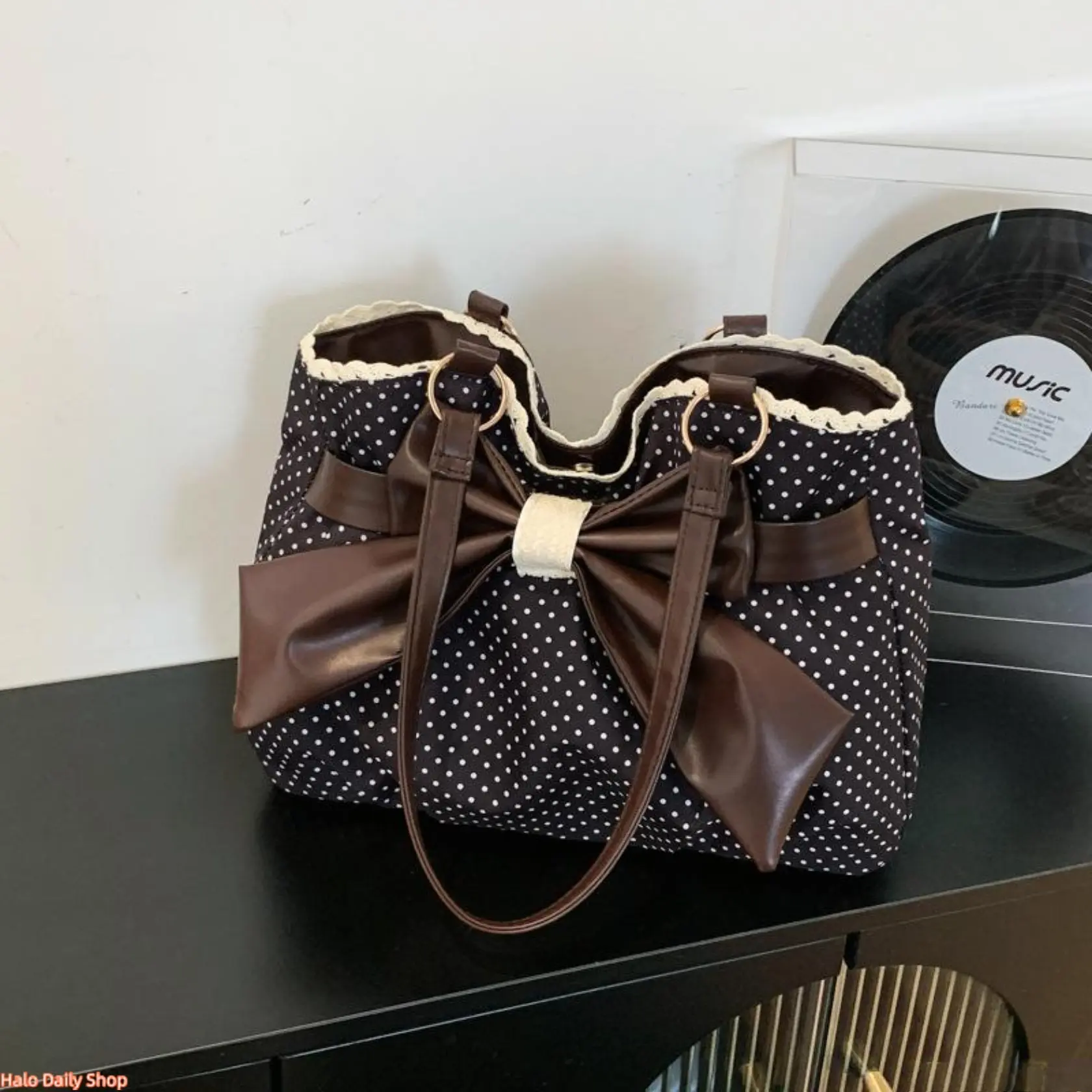 Vintage Polka Dot Tote Bag with Large Bow, a Cute Textured Shoulder Purse with Lace Trim, Large Capacity Everyday Bag for Holiday Travel