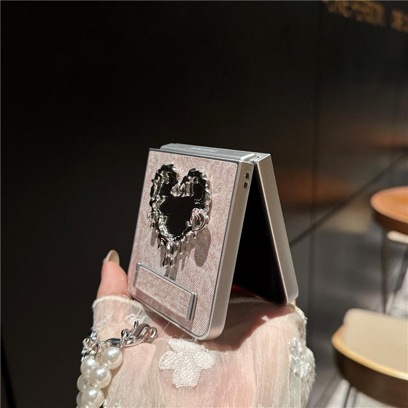 Korean Cute Heart Mirror Stand Phone Case For Samsung Galaxy Z Flip 7 6 5 4 3 Flip6 Flip7 Cover with Chain Denim Cute Cases Capa