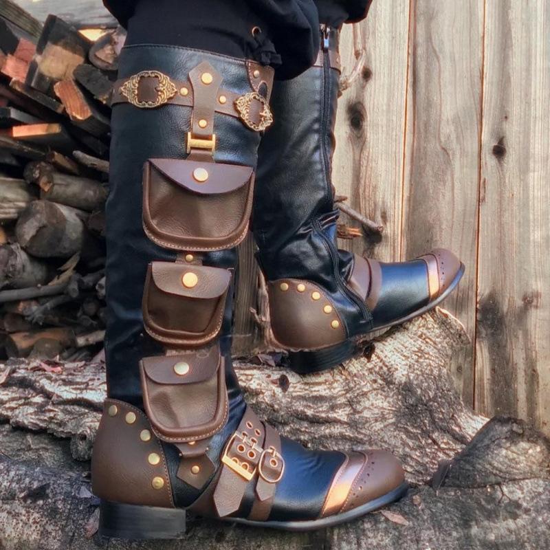 Men's Large-Size Medieval Steampunk Retro High Boots with Pockets - Time Traveler Cosplay, Halloween Pirate Footwear, Decor, Polyester