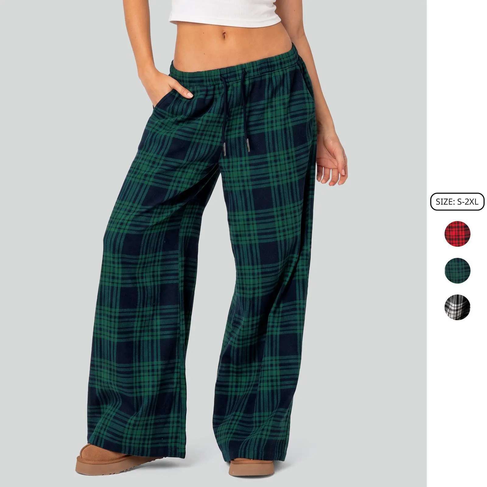 Imily Bela Women's Vintage Plaid Wide Leg Pants Drawstring Elastic Waist Lounge Pants with Pockets Loose Casual Trousers