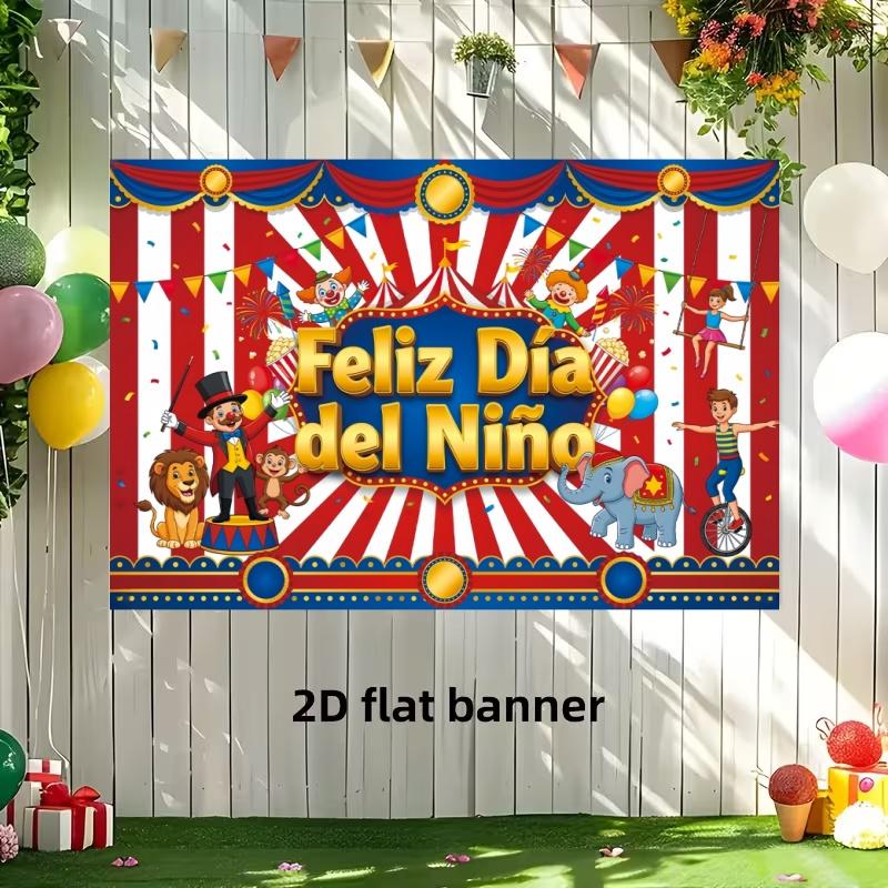 2D Flat Banner, Spanish 'feliz Día Del Niño,' Polyester, Circus Theme, Home Wall Outdoor Garden Party Decor, Large Garage Party Banner