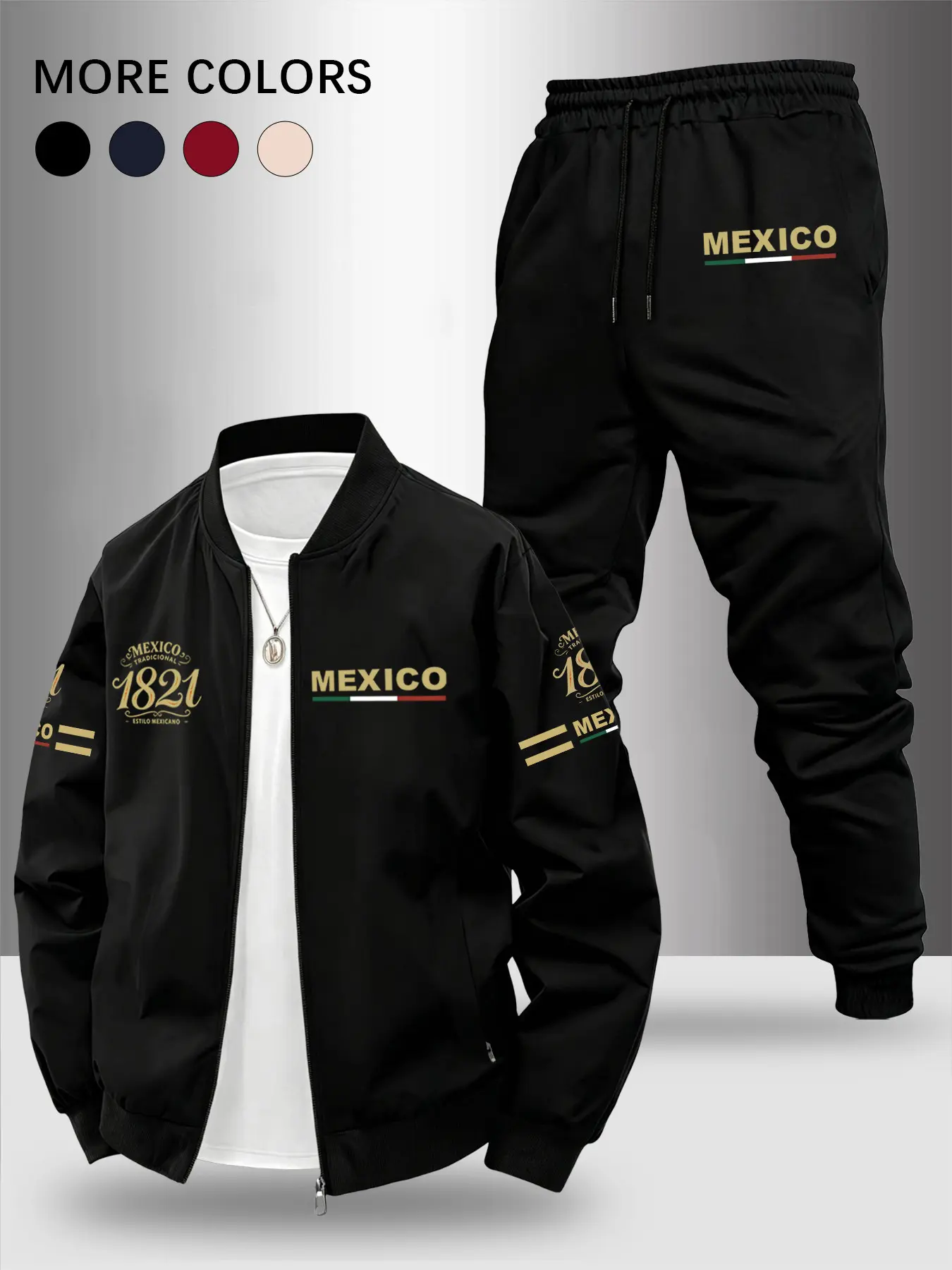 Men's Spring & Fall Sportswear Set, Jacket + Pants, Premium 'mexico' Print, Ideal for Daily Wear, Outdoor Activities, Running