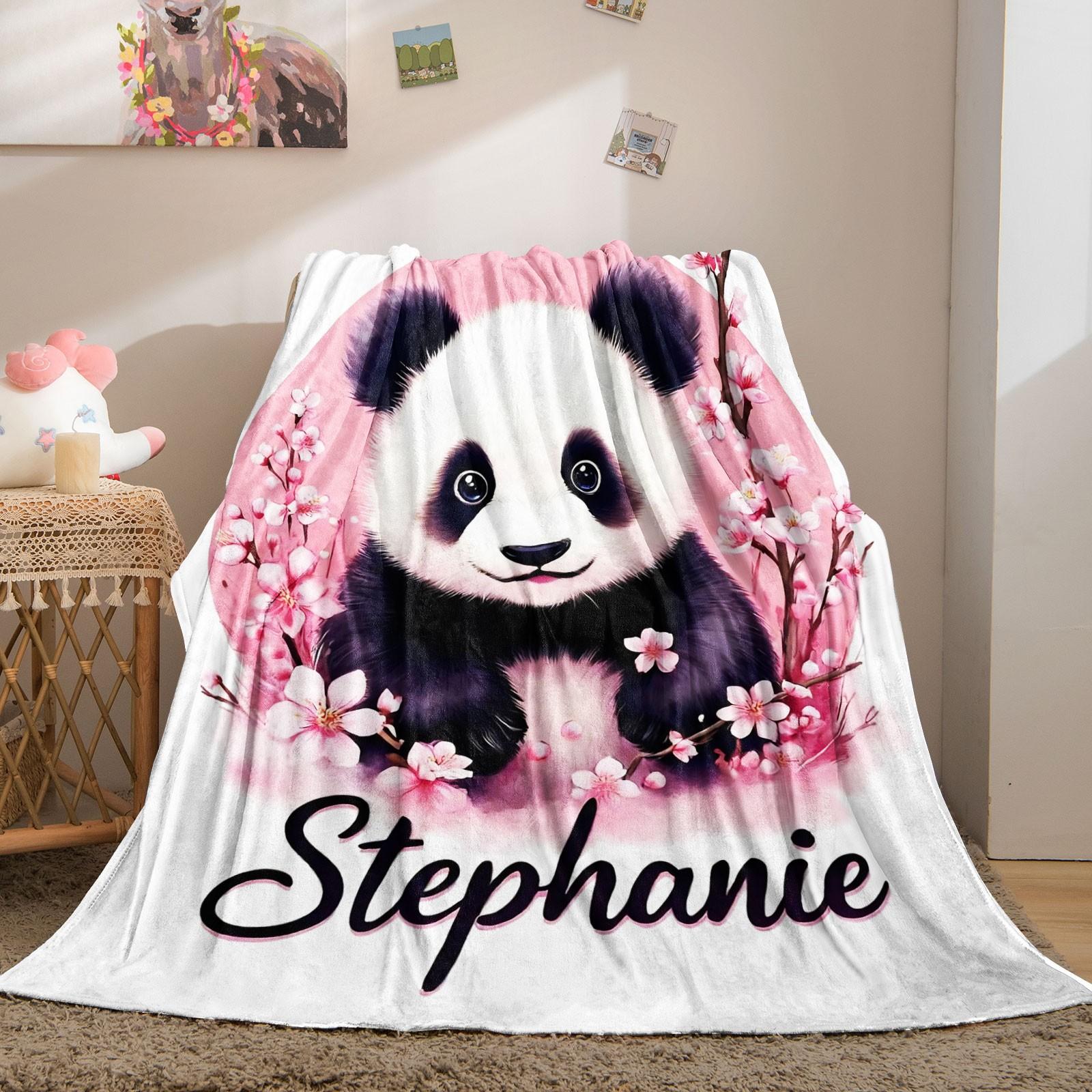 Custom Name Watercolor Panda Cherry Blossom Flannel Blanket, Personalized Floral Animal Print Throw Blanket, Ultra Soft Cozy Warm Blanket, Unique Gift Blanket for Girls, Panda Lovers