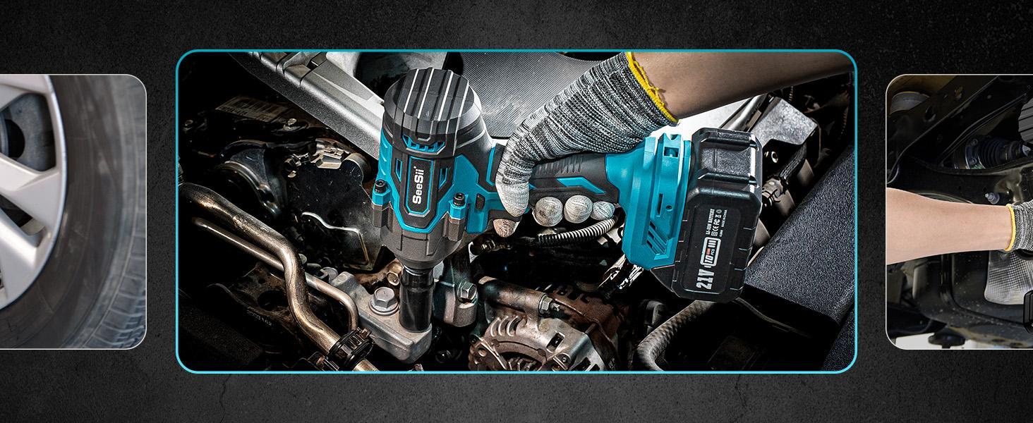 SEESII 1500N.m (1106ft-lbs) High Torque Brushless Impact Wrench, 1/2" Cordless Electric Wrench with 2x4.0Ah Batteries + Fast Charger, Complete Kit: 5 Sockets + 1 Extension Bar & Case – Heavy-Duty for Cars/Trucks & DIY Black Friday Deals
