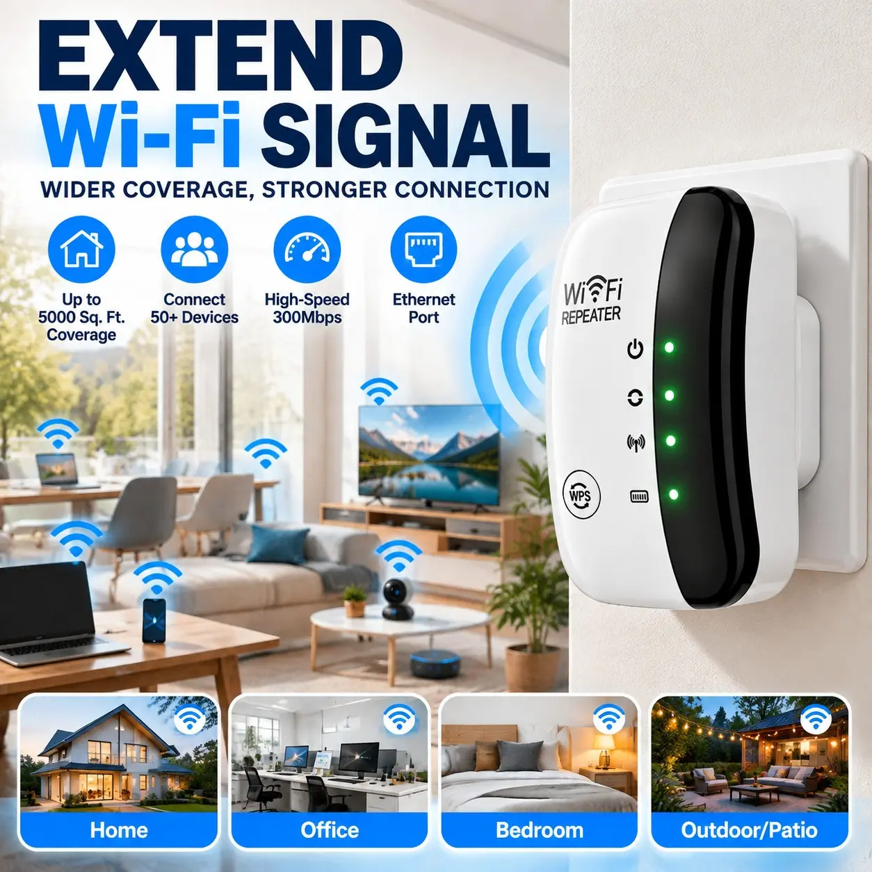 WiFi Extender Signal Booster, High Speed 300Mbps Wireless Repeater with Ethernet Port, Extend WiFi Coverage for Home, Office, Bedroom and Outdoor Areas