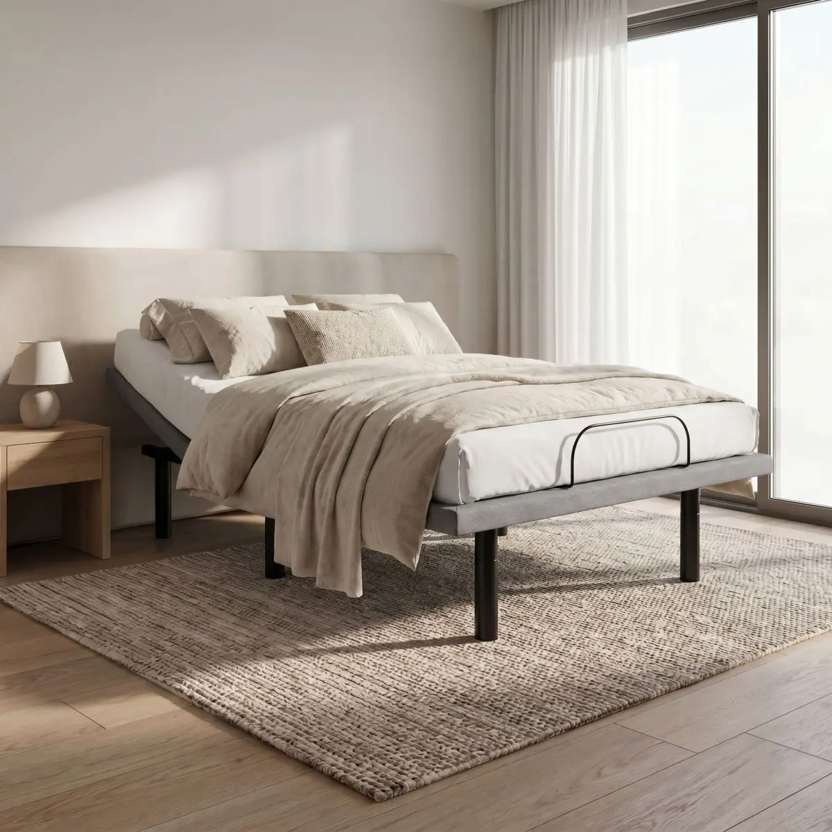 Adjustable Bed Base with Wireless Remote & Memory Presets, Dual 6000N Motor, Head & Foot Adjustable, Upholstered Steel Frame, Tool-Free Foldable Assembly