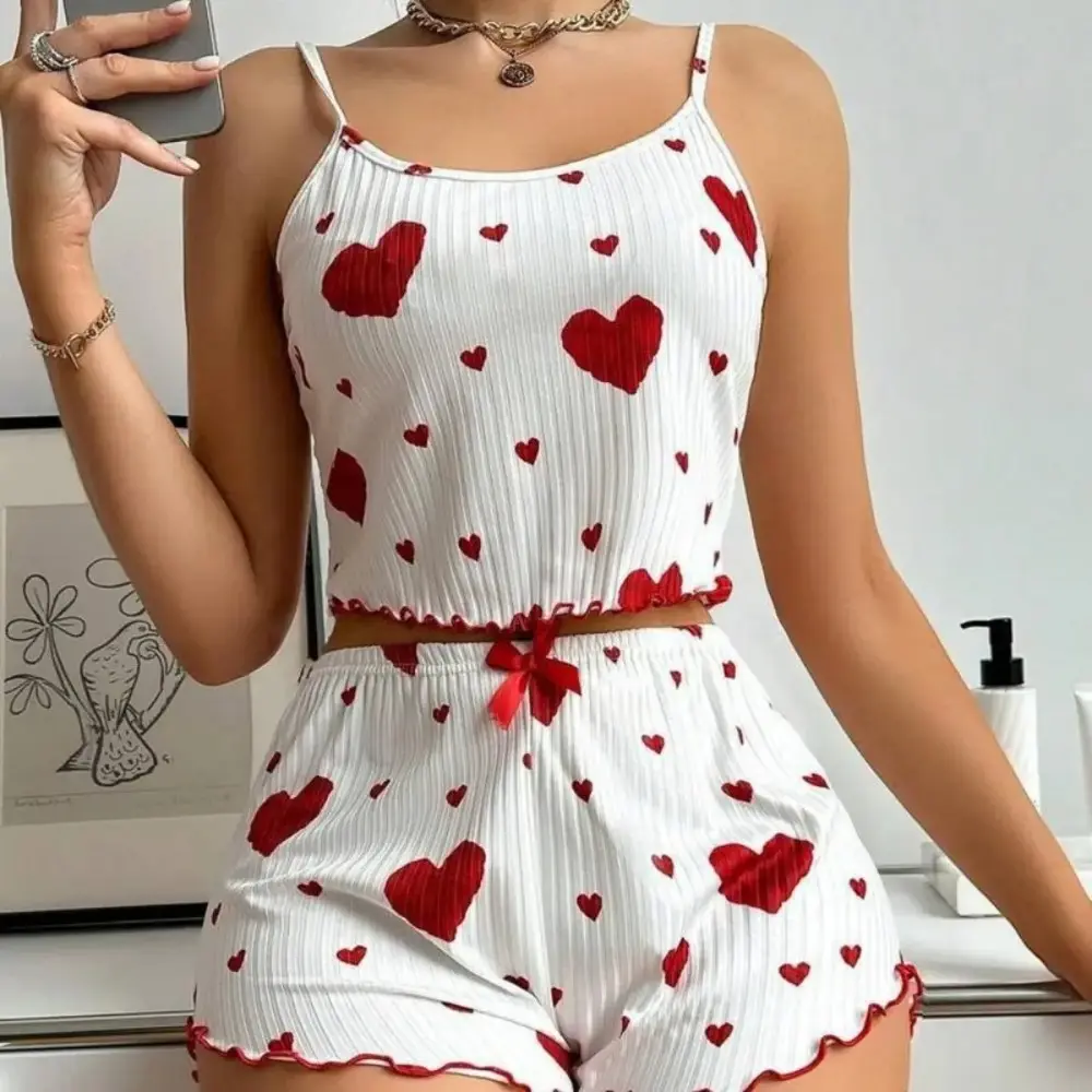 Women’s Heart‑Print Pajama Set, Soft Knit 2‑Piece Loungewear With Spandex, Delicate Ruffle‑Trim Outfit Featuring Thin‑Strap Top And Ruffled Shorts For Casual Daily Home Wear