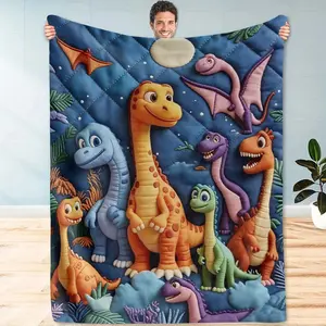 Colorful Dinosaur Cartoon Flannel Blanket, Deep Blue Night Background, 3D Style, Polyester, All Seasons, Multi-Use, Perfect Gift