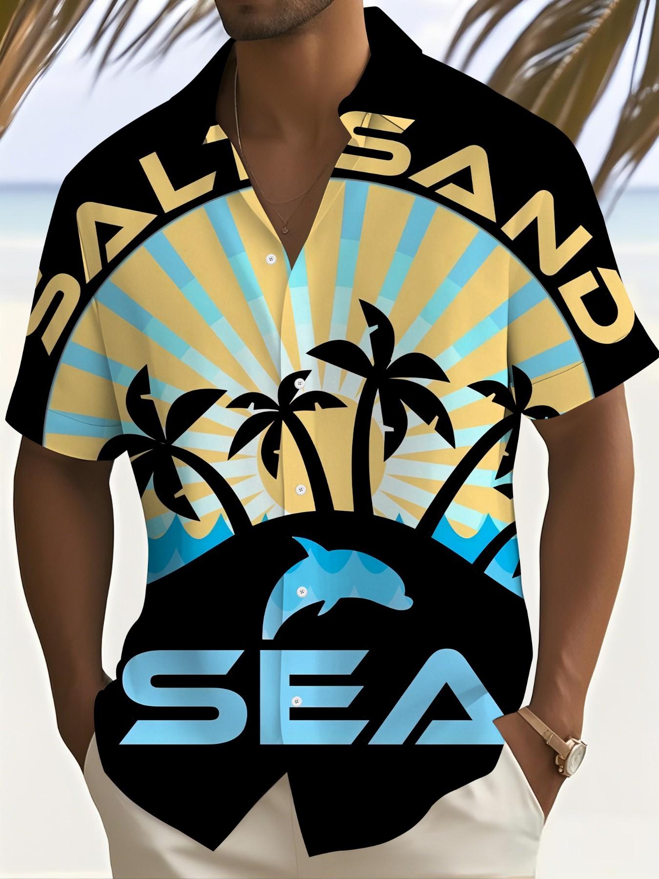 Men's Loose-Fit Casual Shirt, Colorblock Coconut Tree Silhouette, Short Sleeve Button-Down Top, Trendy Summer Wear