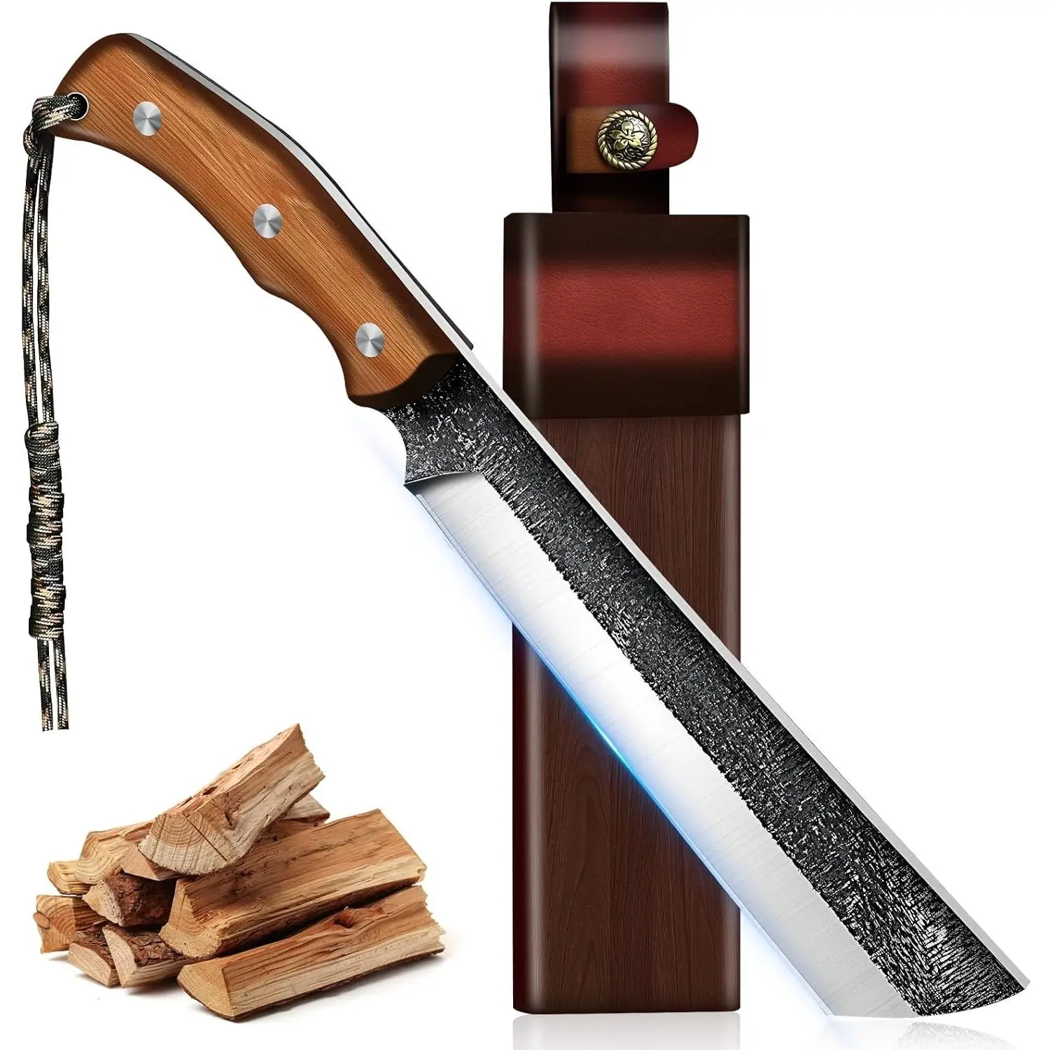 Japanese Machete Knife Heavy Duty with Wood Sheath for Yard Work | High Carbon Steel Machete, Ergonomic Full Tang Hardwood Handle for Bushcraft, Camping, Hunting, Gift for Men