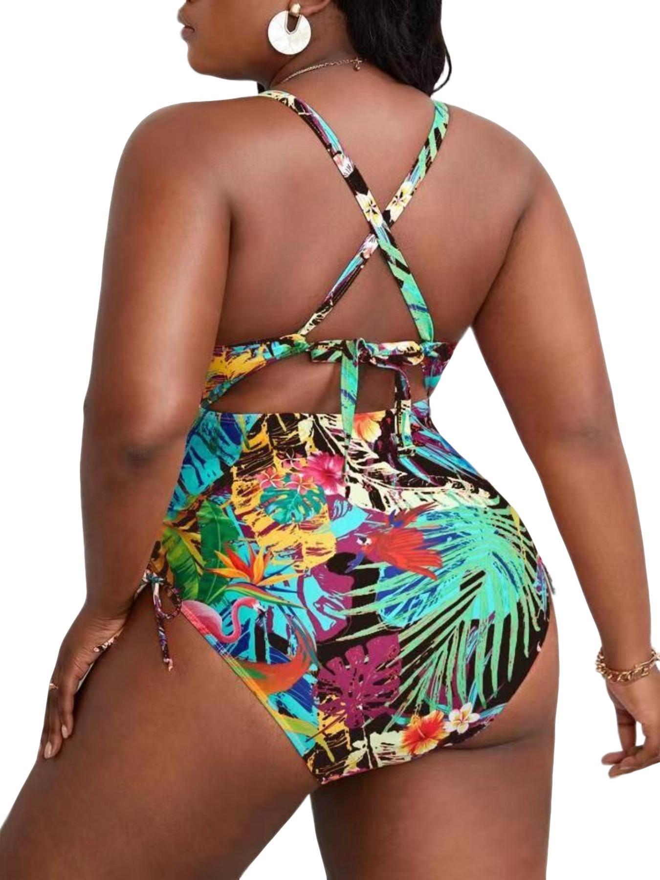 New European Style Plus Size Women's Colorblock Print Cutout Cross Back Tie Summer Swimwear Swimsuit, Sexy Backless Slim Fit One-Piece Swimsuit for Beach Pool Vacation