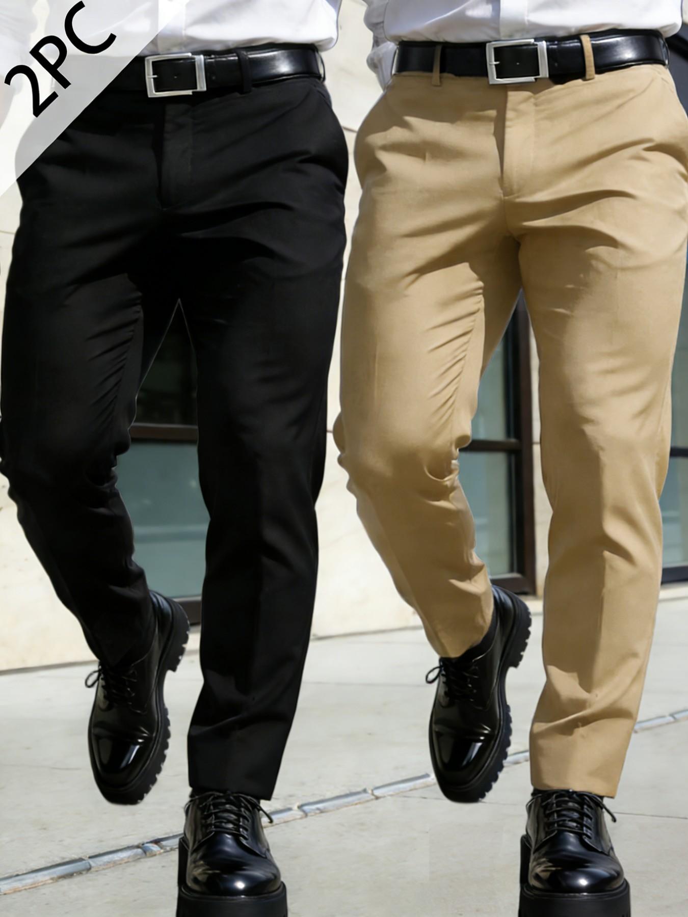 2-pieces Men's New Loose Straight Leg Elastic Solid Color Formal Pants, Casual Pockets, Anti-Wrinkle Comfortable Business Casual Trousers for Work and Weekend, Casual Fashion Pocket, Versatile, Modern