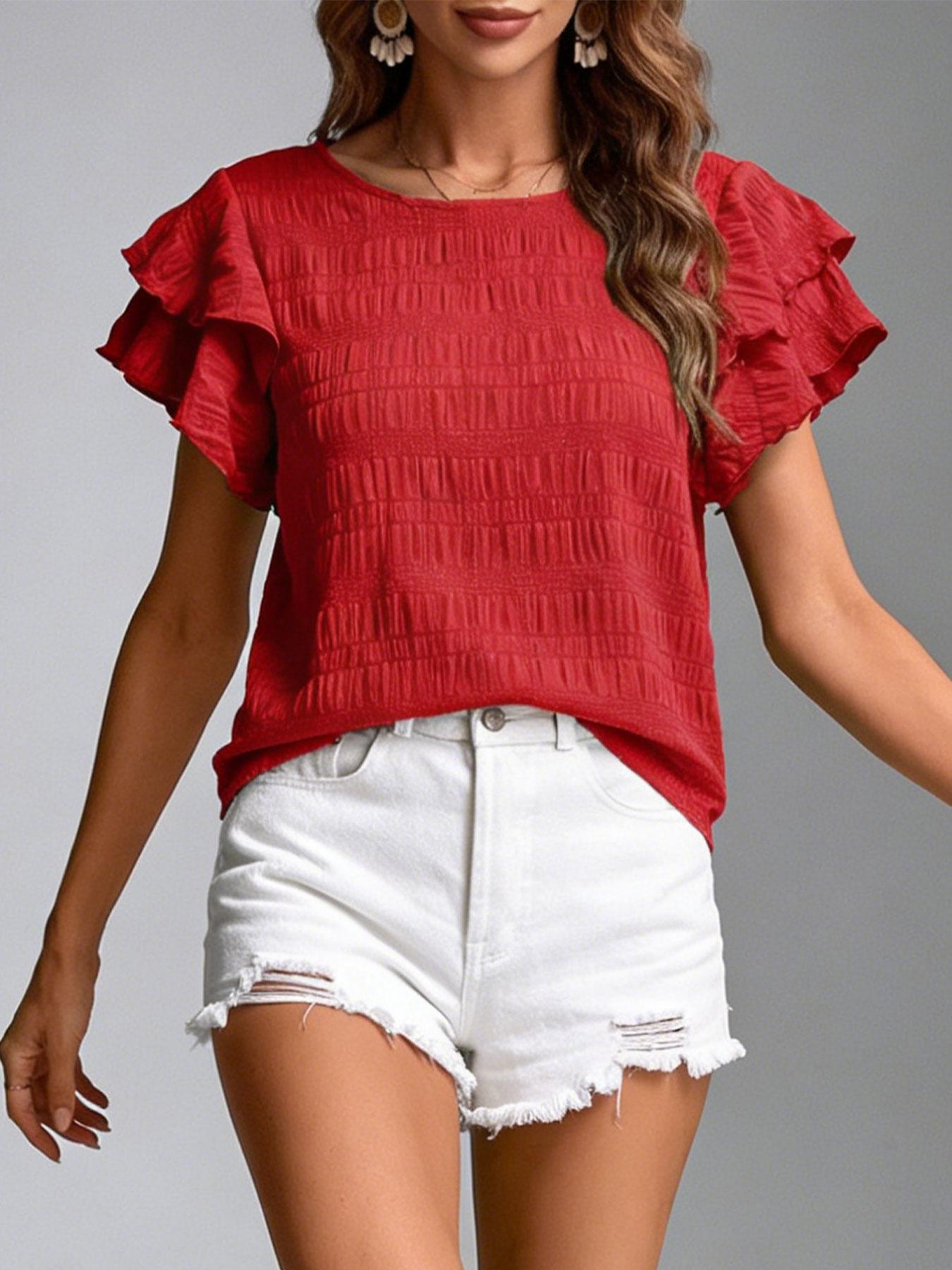 A women's solid color double-layer ruffled sleeve round neck elegant Casual pullover T-shirt Top, suitable for summer, daily commuting, and home wear, Womenswear