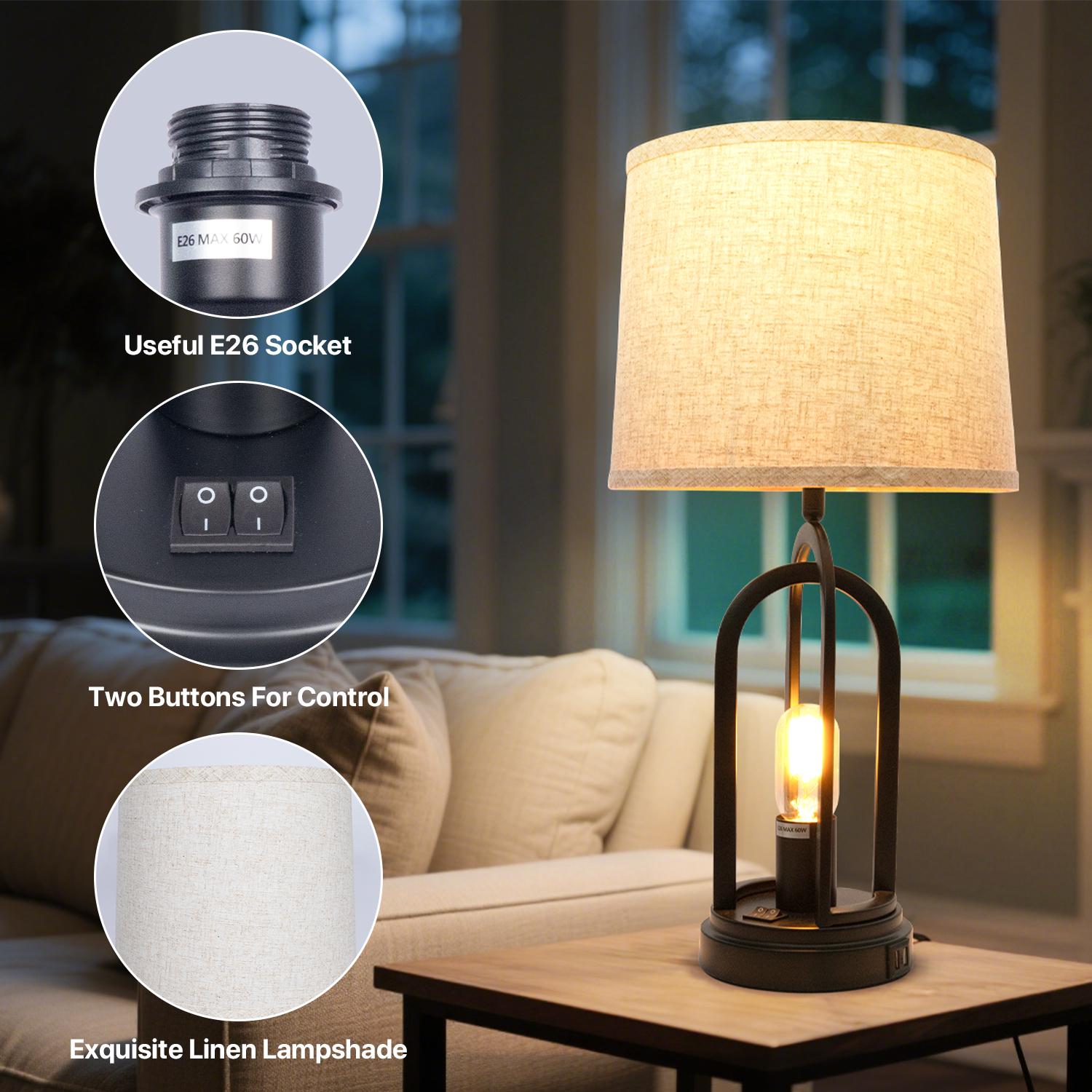 GALENTAL Bedside Lamps For Bedroom, Table Lamps Set Of 2 with USB Ports, Side Table Lamp For Living Room, Nightstand Lamp Lamp With Button Control, Rustic Fabric Shade, Unique Base Design for Bedroom, Living Room, Reading, Desk