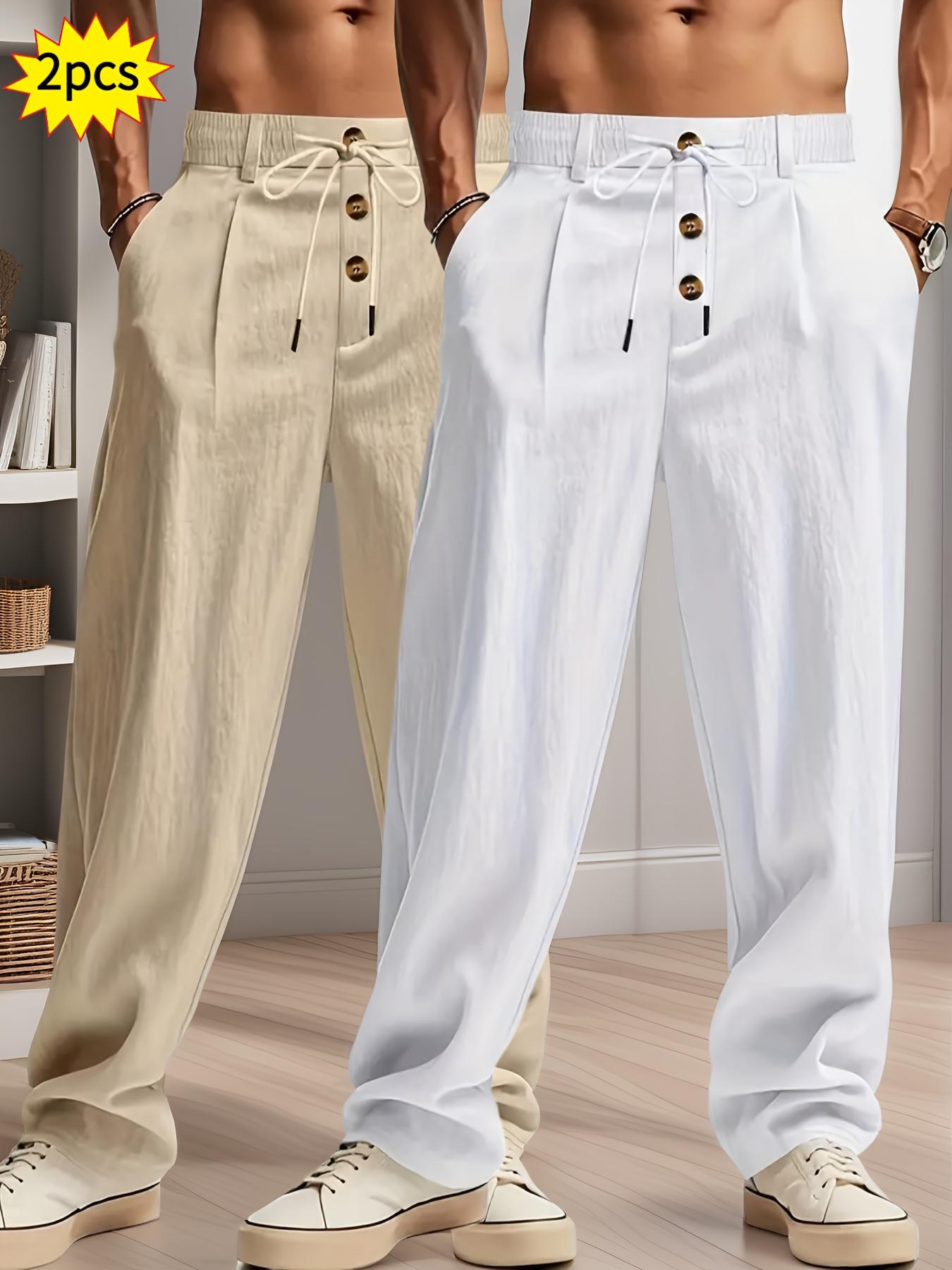 2 pieces men's plain-colored linen casual straight-leg pants, Casual Comfy Fashion, for spring, summer and autumn, with drawstring and faux buttons design, lightweight breathable, suitable for daily commuting, outdoor travel, fitness