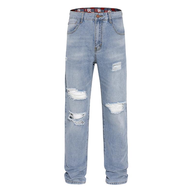 MZNBURAM Men's Ripped Non-Stretch Relaxed Fit Straight-Leg Denim Pants Jeans-Menswear Streetwear Trouser