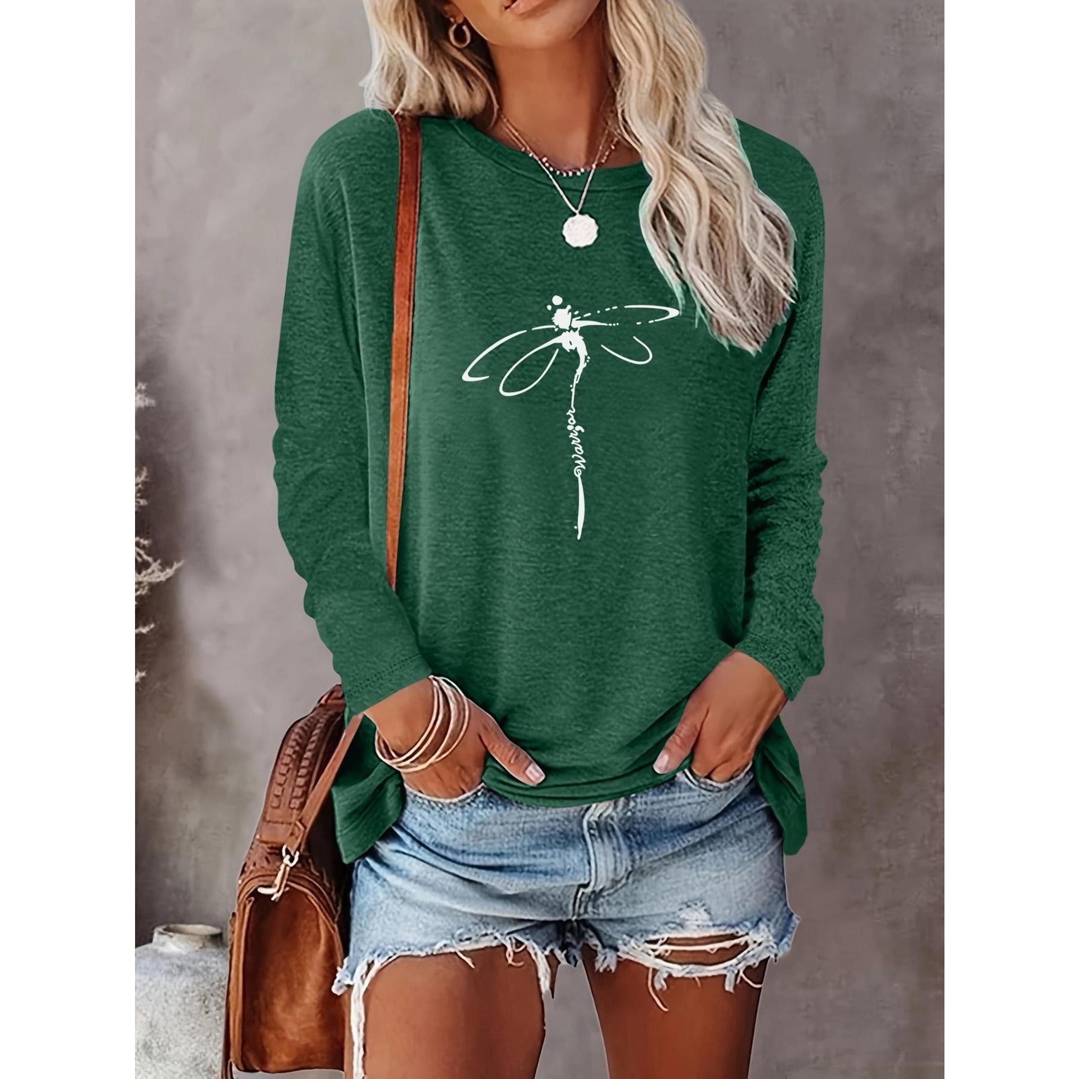 Women's Dragonfly Print Round Neck Tee, Casual Long Sleeve Crew Neck T-Shirt for Summer, Fashion Women's Top for Daily Wear, Everyday