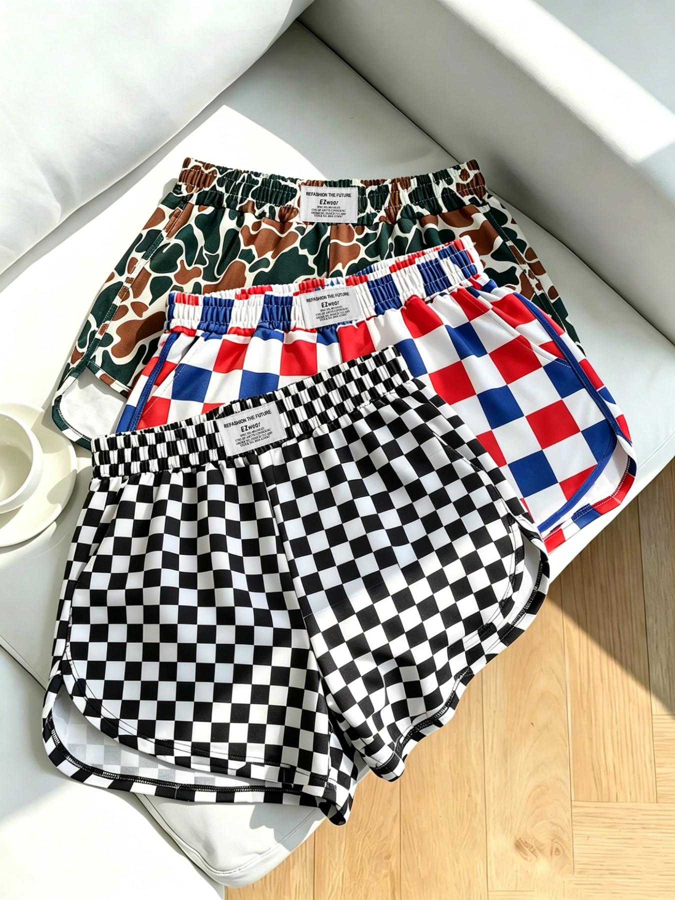 3-Pack Women's Loose-Fit Shorts, Leopard and Checkered Print, Elastic Waist, Casual Sporty Style, Fashionable Ladies' Clothing, Comfortable and Stylish