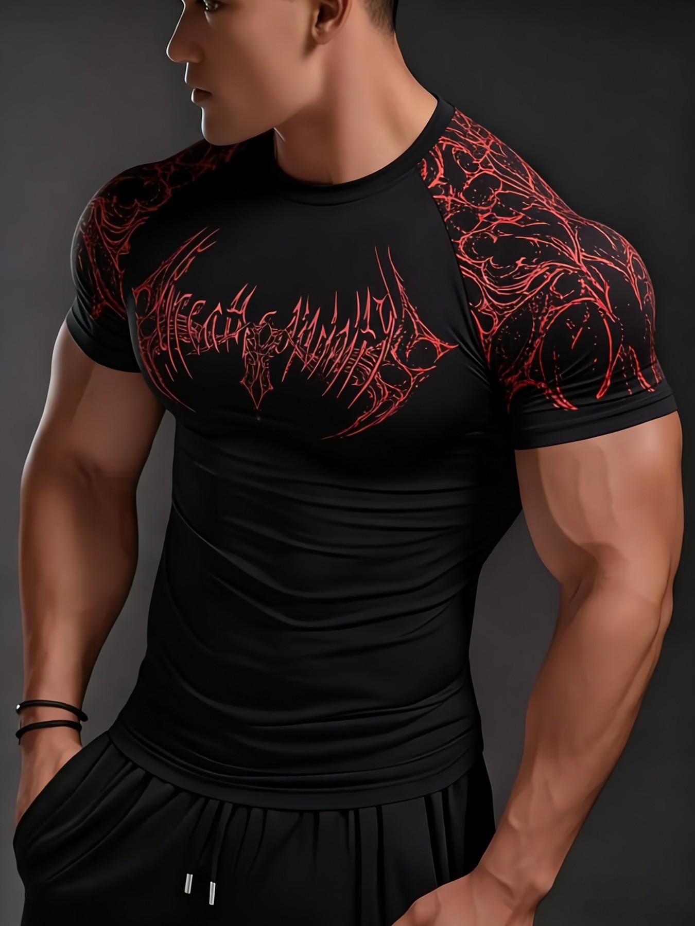 Men's High Elastic Quick-Dry Sports Short Sleeve Shirt, Geometric Print Gym Training Top, Casual Loose-Fitting Long Sleeve Tee