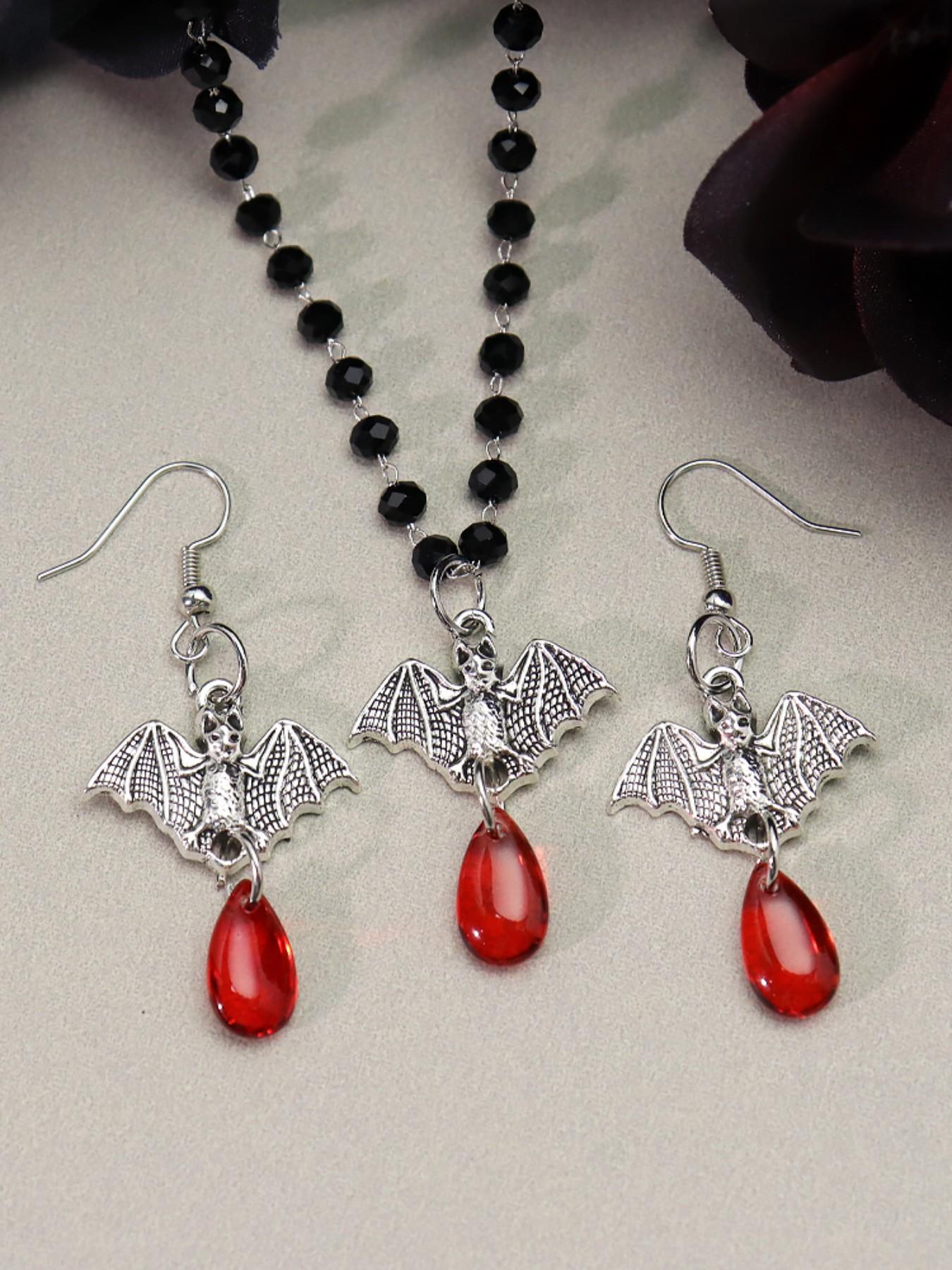 Gothic Bat Blood Drop Jewelry Set, Vintage Black Bead Chain Necklace Earrings, Punk Dark Aesthetic Halloween Jewelry