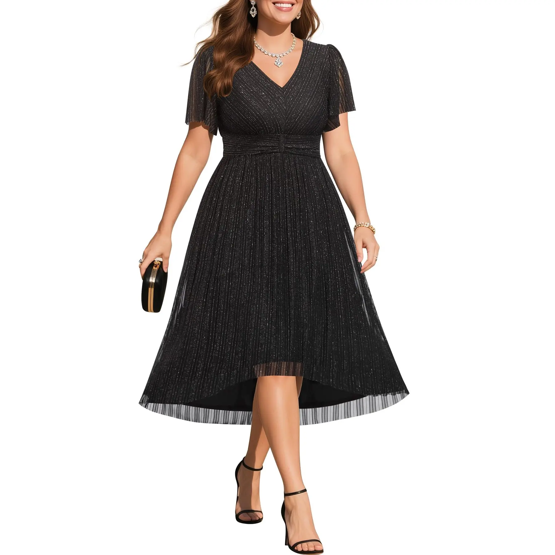 Women Plus Size Cocktail Dress Wedding Guest Semi Formal Sparkly Holiday Party Christmas High Low Aline Midi Dresses