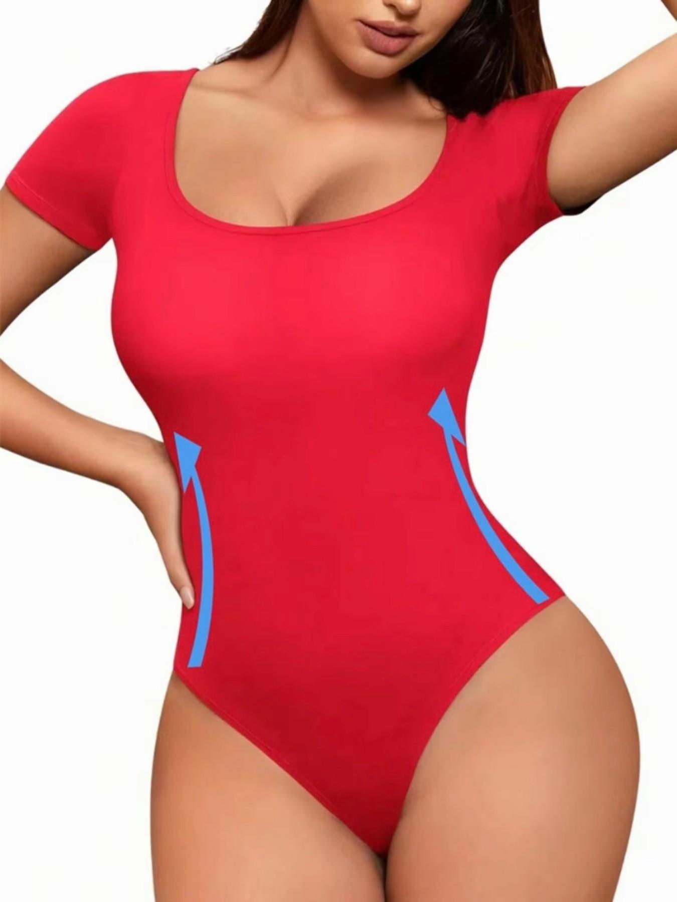 Women's Square Neck Short Sleeve Bodysuit, Seamless Waist Cinch Slim Fit Inner Top, Basic Hot Girl Underwear T-Shirt
