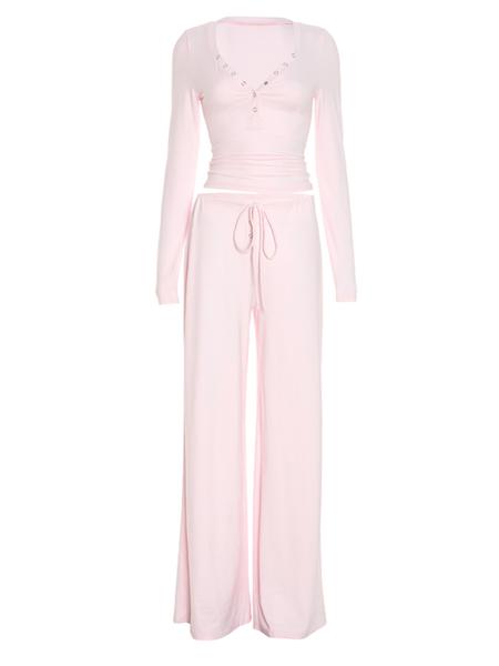 Women's Casual Long Sleeve Button Front Top & Drawstring Wide Leg Pants Set, Spring Summer Comfortable Daily Wear, Basic Style