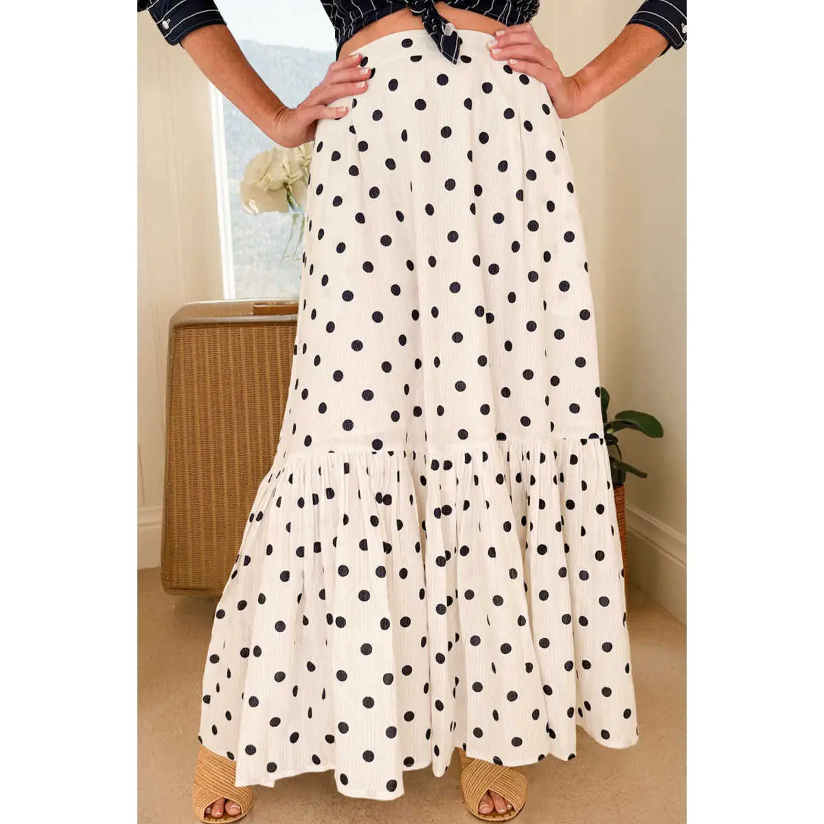 White Polka Dot Ruffled Slit Maxi Skirt