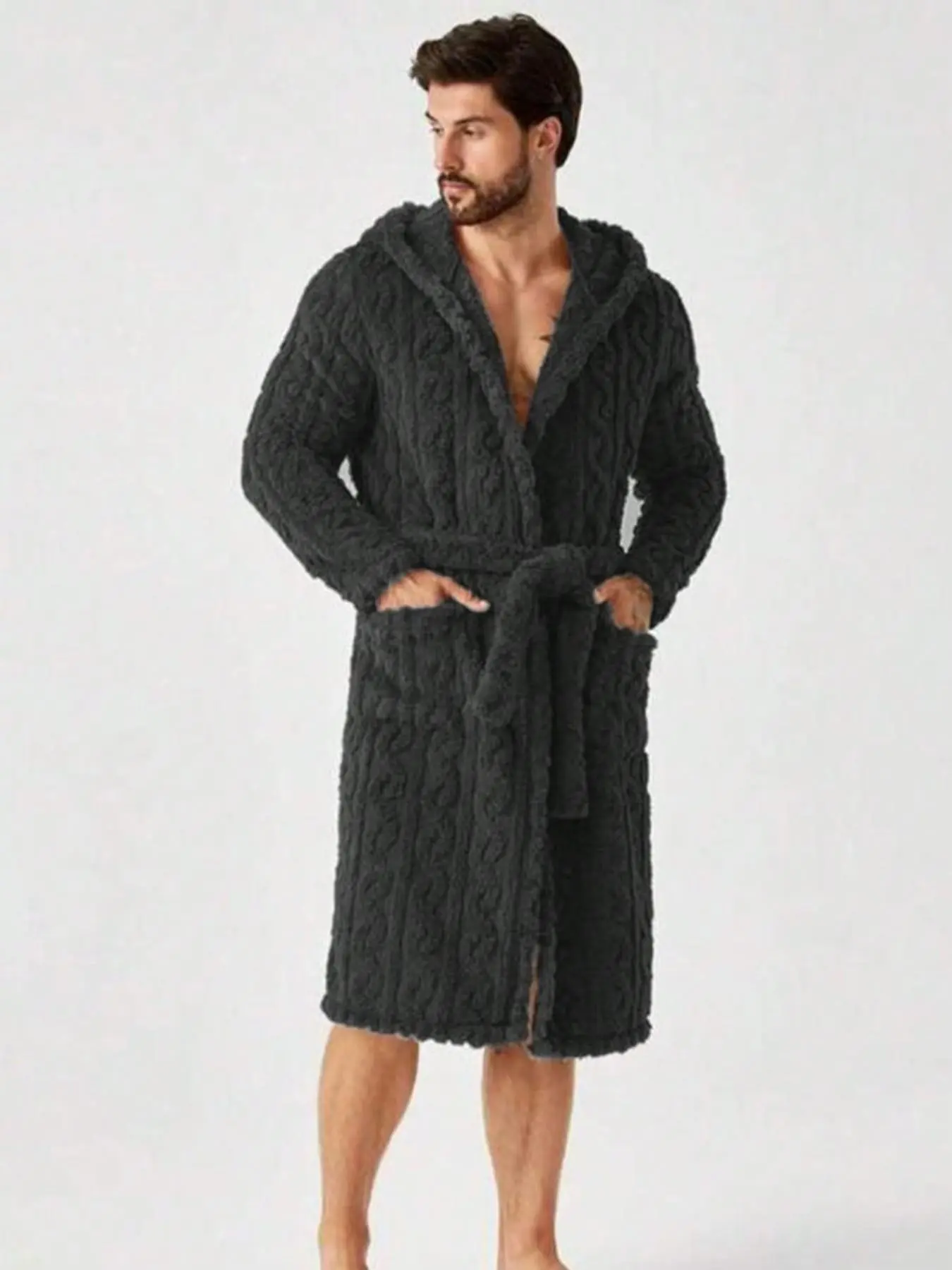 Men's Textured Pocket Belted Hooded Bathrobe, Loungewear, Casual Style, Comfortable and Stylish, Perfect for Relaxing at Home