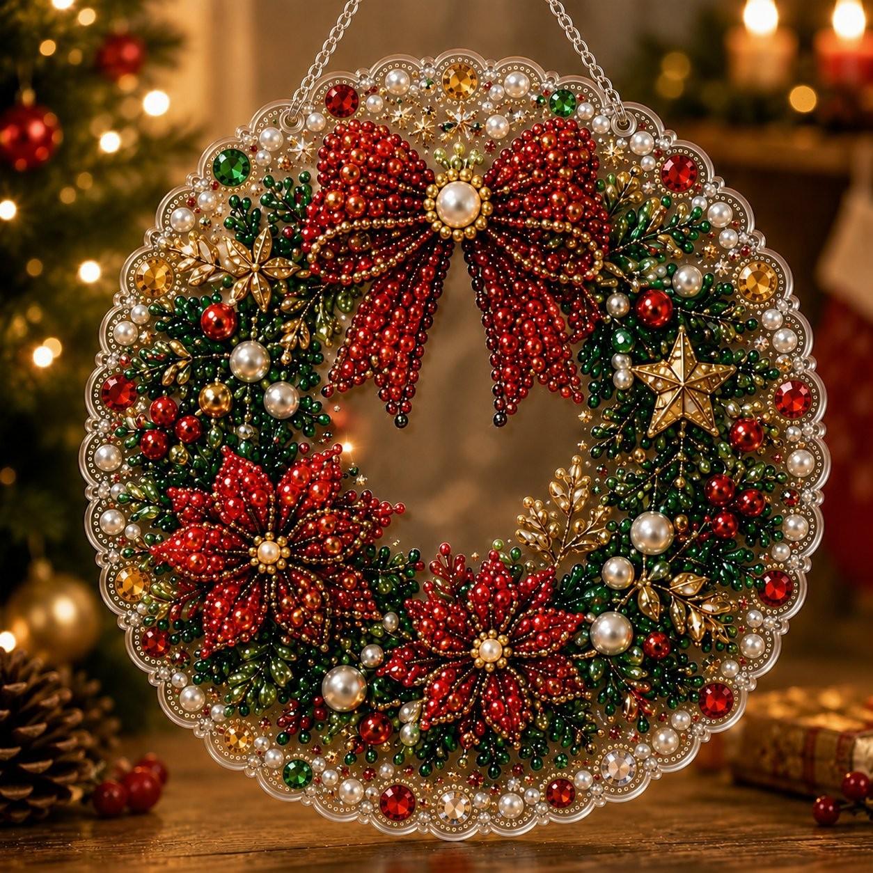 Christmas Pearl Diamond Painting Kit, Handmade, 10 Inch, Pre-Assembled Metal Chain, Acrylic Round Board with Lace Edge, 3D Pearls, Holiday Decor