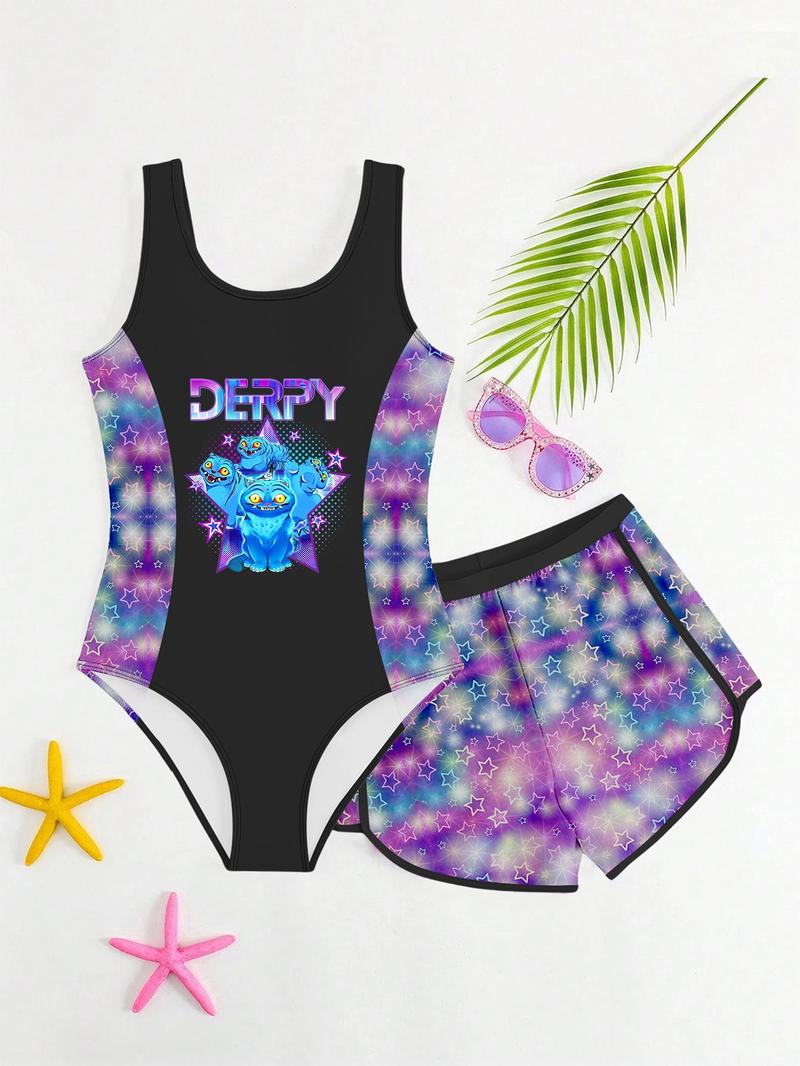 K-Pop Hunter Girl Swimsuit Set, Starry Gradient Two-Piece, Shiny Sweet Cool Separated Swimwear for Women, Tankini With Shorts