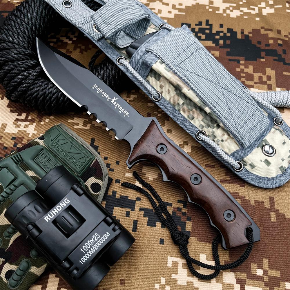Outdoor multi-functional tactical survival straight knife, ergonomic chickenwood handle, high-hardness black-coated 7Cr13Mov blade, camouflage nylon sheath, suitable for jungle exploration, camping hiking, wilderness survival, Survival Gear