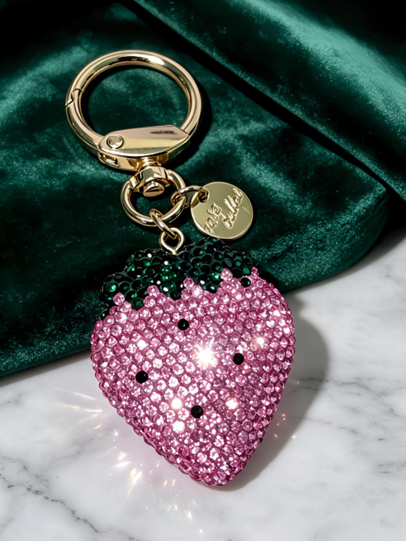 Rhinestone strawberry keychain, sparkly cherry bag charm, rhinestone fruit pendant, jubilee-themed bag decoration, full rhinestone keychain, luxurious pendant, sparkly bag accessory, full rhinestone strawberry accessory, full rhinestone cherry bag charm