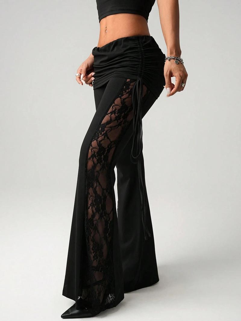Valentine's Day Women's Lace Side Stripe Beach Vacation Pants, Sexy Waist Drawstring Flare Leggings, Casual Slim-Fit All Season Wear