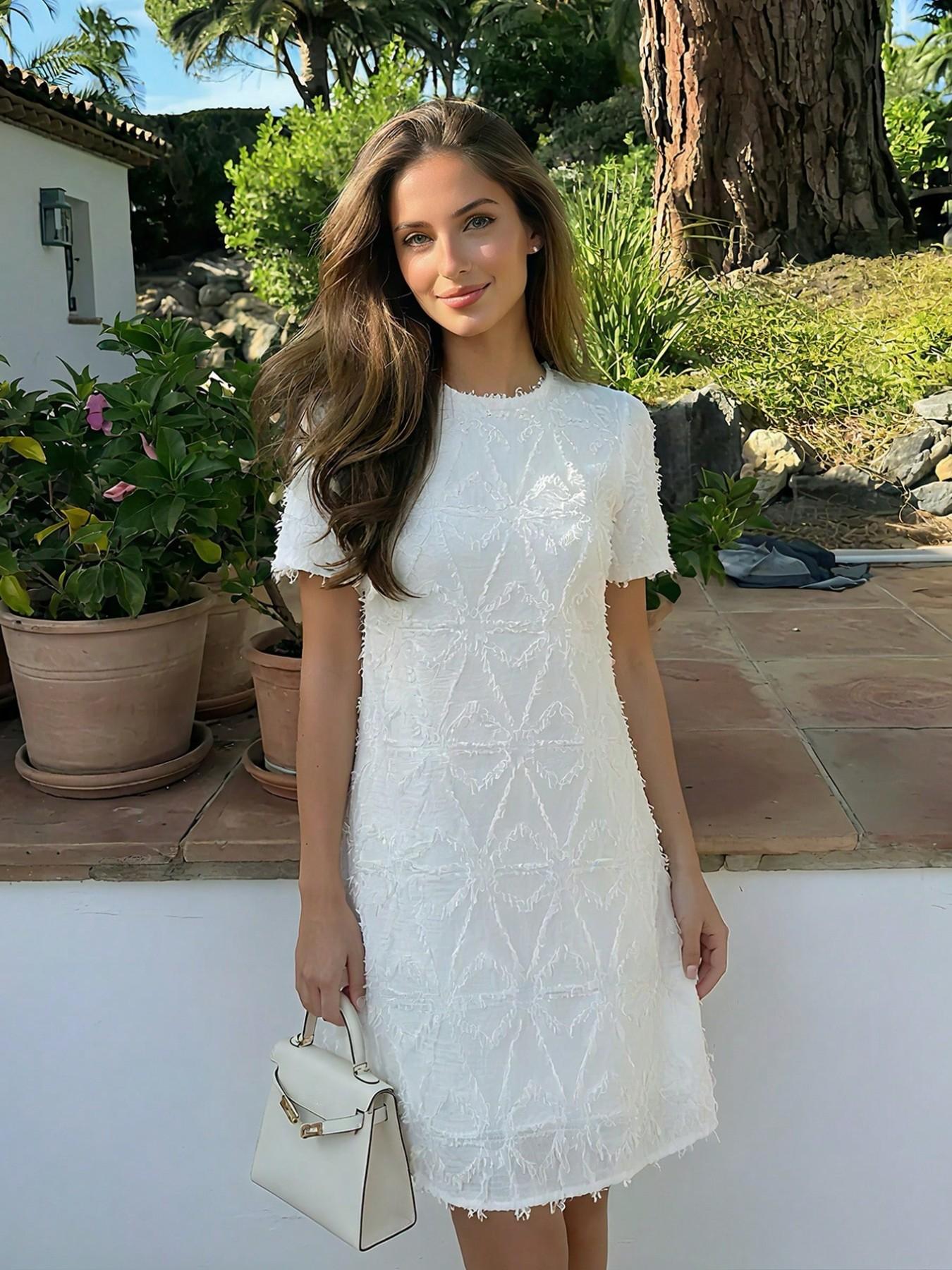 Women's Elegant Embroidered Dress, French Style Summer, High-Quality Medium-Length Casual Wear, Stylish Round Neck Design