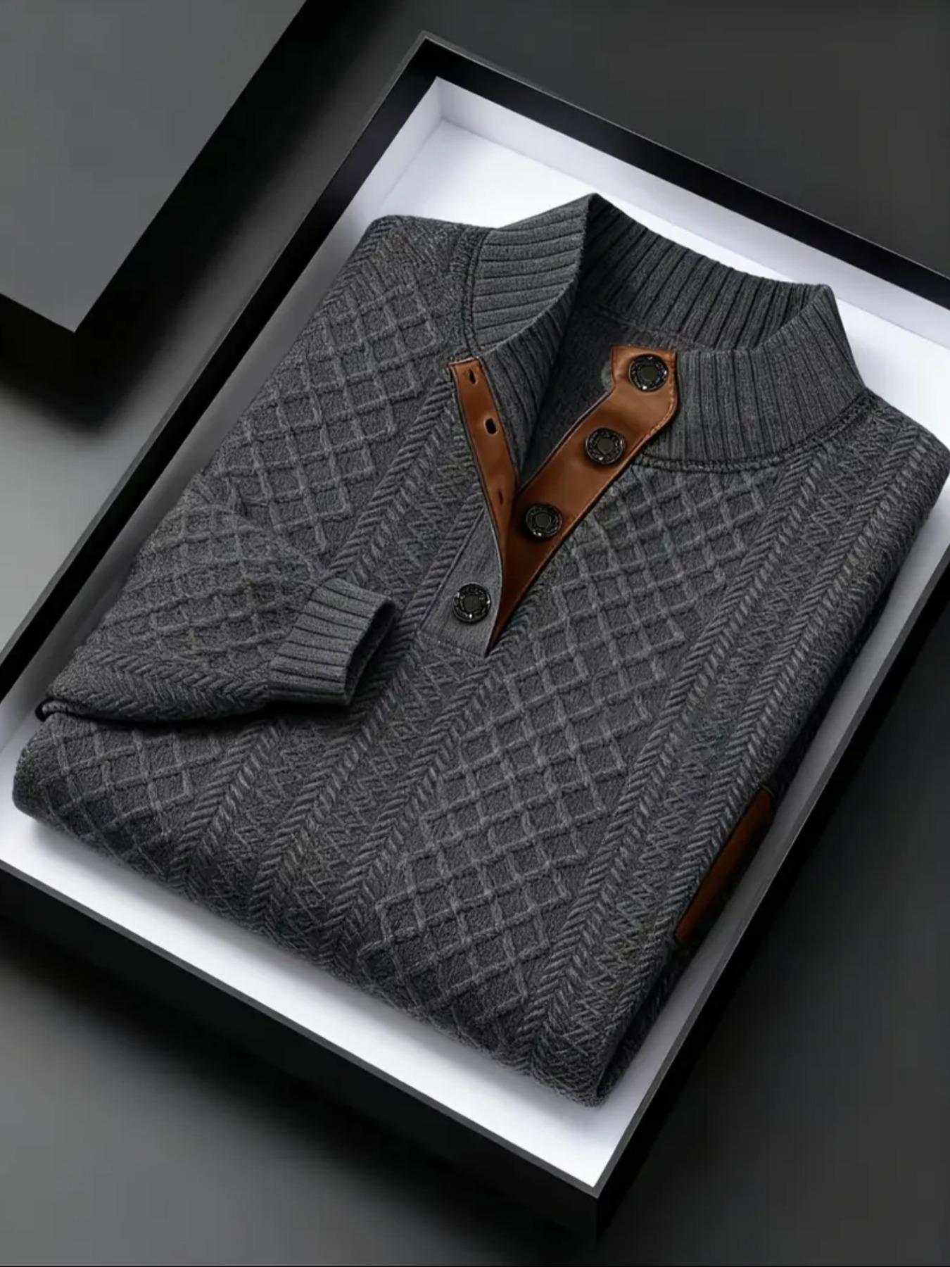 Men's Casual Sweater, Leather Patchwork Stand Collar Button Design Elbow Patches, Warm Sweatshirt for Fall & Winter Seasons
