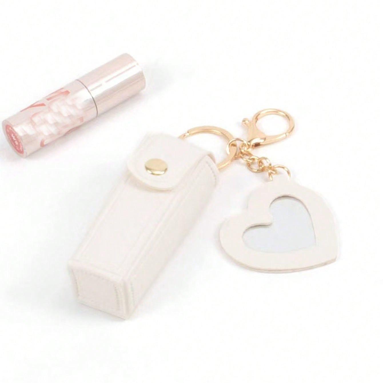 Heart-Shaped Mirror Lipstick Case Keychain Holder, Portable Pocket Makeup Stand, Travel Accessory, Gift for Family and Friends