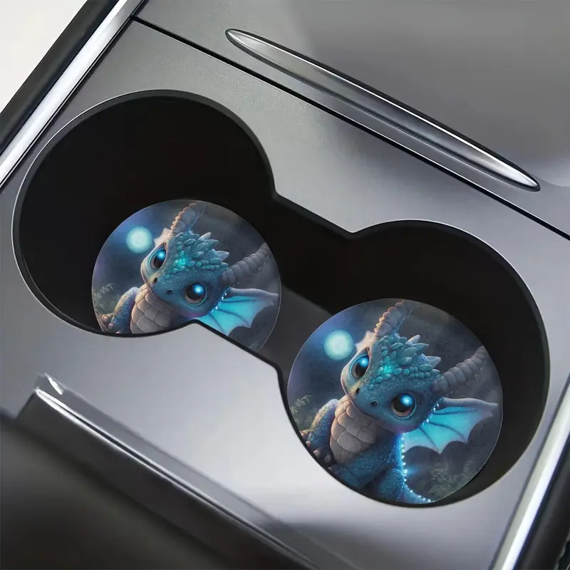 2-Pack Absorbent EVA Car Cup Holder Coasters - Cute Blue Baby Dragon Design, Car Interior Accessories for Vehicle & Home Desk Use