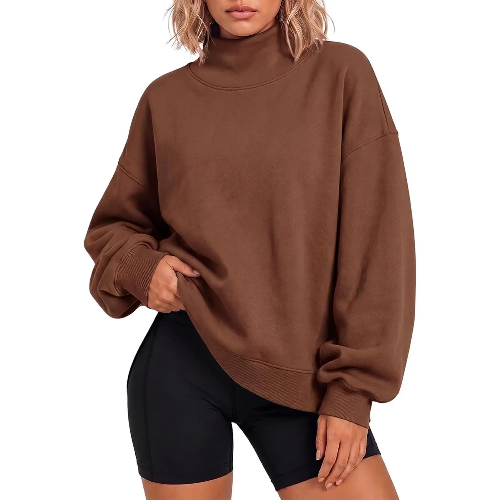 Flowyair Womens Oversized Sweatshirt, Mock Neck Side Slit Pullover Tops, Long Sleeve with Pockets, Loose Fit Drop Shoulder Defined Seaming Casual Shirts for Fall Winter Workout Daily Wear