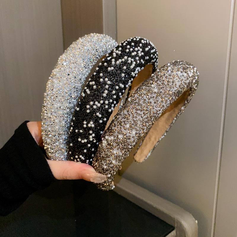 Fashion Women Pearl Rhinestone Headband, Thick Shiny Diamond 