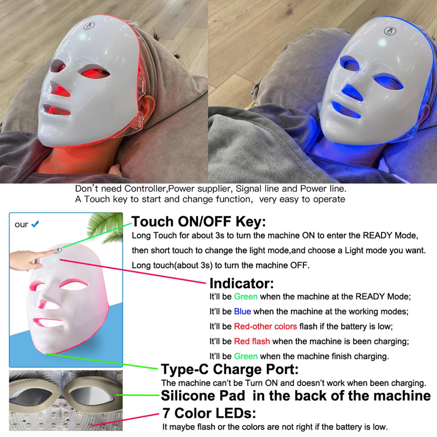 7-Color LED Facial & Neck Mask - LED Face Mask, Red Light Mask, Cordless Rechargeable, Ergonomic & Portable Skincare Kit for Home, Travel, Yoga, Daily Personal Care, Ideal Gift
