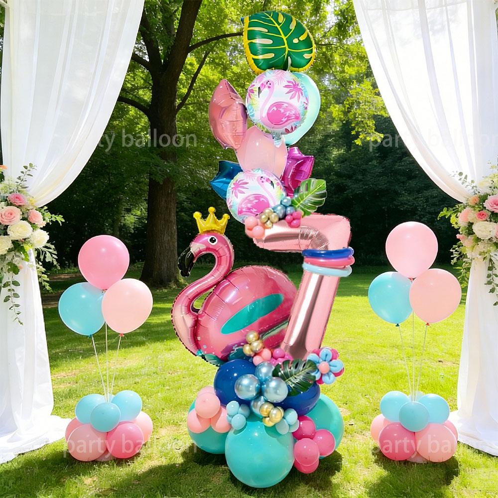 Hawaiian Flamingo Birthday Party Decor Set, Maroon Latex Balloons, Rose Gold Numbers, Outdoor Picnic, Pool Party, Cafe Decoration