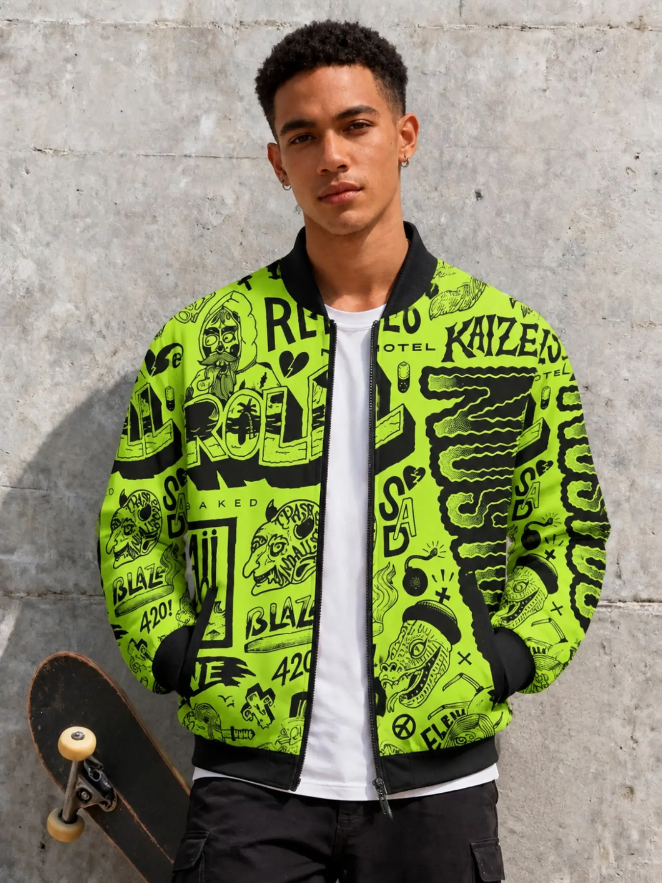 Men's Fluorescent Graffiti Print Bomber Jacket, Street Style Long Sleeve Outerwear, Casual Slim-Fitting Top, Jacket Coats