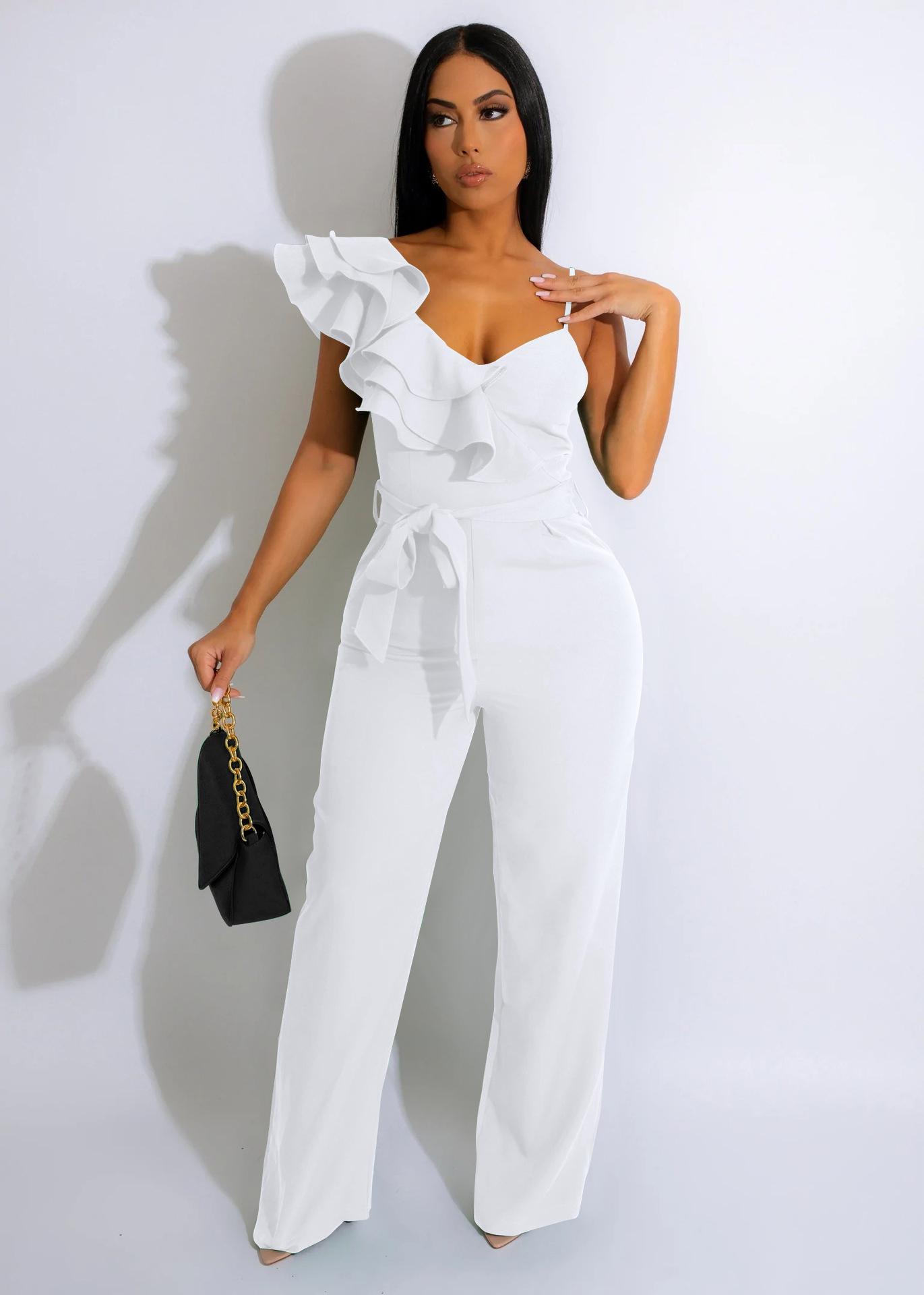 USBoutique Chic Women's Black One Shoulder Ruffled Top& Wide Leg Pants Jumpsuit, Casual Summer Romper, Trendy 2025 Outfit