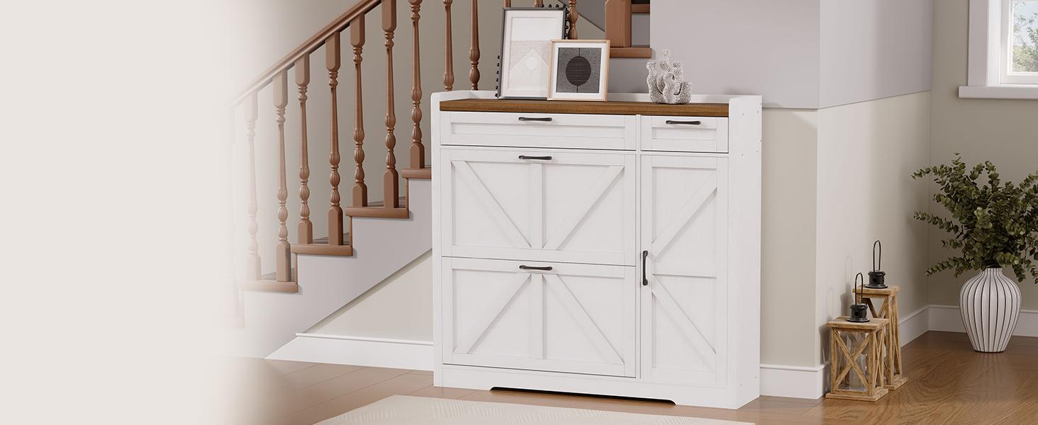 HOOBRO Farmhouse Shoe Storage Cabinet, Shoe Cabinet Storage for Entryway, Freestanding Shoe Organizer with 2 Flip Drawers, Narrow Shoe Cabinet with Adjustable Side Cabinet, White and Walnut#springtok