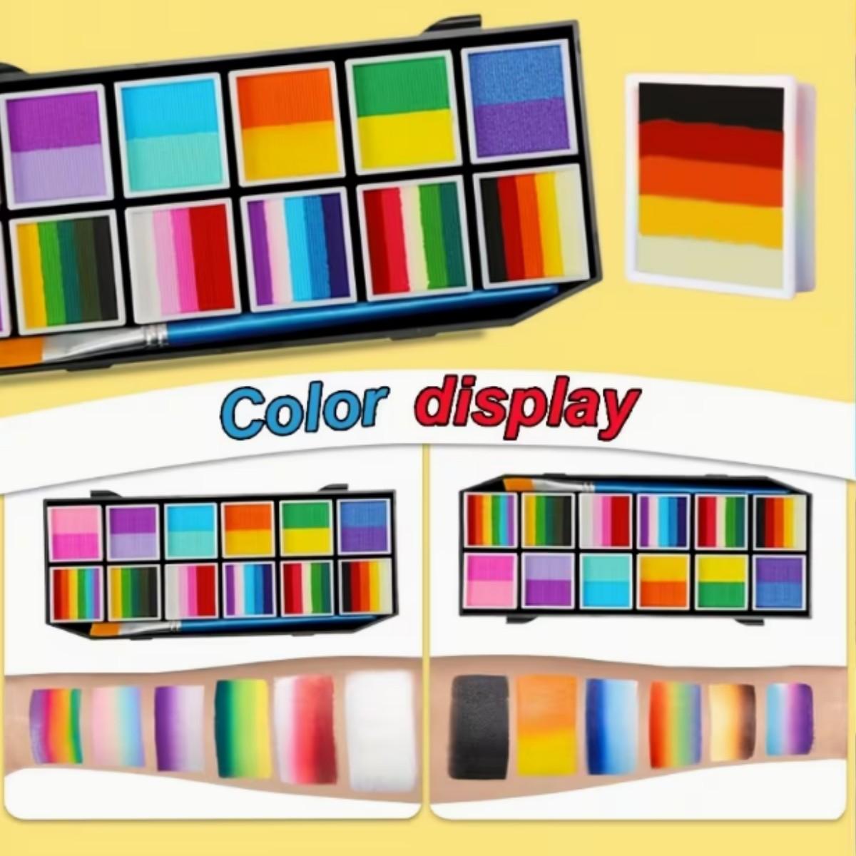 Face & Body Paint Palette Set with 1 Brush, Rainbow Gradient Pigment, Cosmetic Paint, Halloween Makeup Kit, Water-based Temporary Body Paint, Ideal for Halloween, Cosplay Parties, Art and Stage Makeup