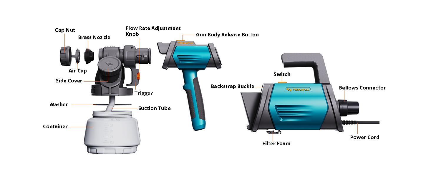 Tilswall Shark 800 HVLP Electric Paint Sprayer, 800W Powerful Spray Gun with 1300ml Large Container, 4 Brass Nozzles & 3 Spray Patterns, Ideal for Home, Furniture, Cabinets, Fence & Wall Painting, Perfect Mother's Day Gift Tilswall Shark 800 HVLP Electric Paint Sprayer, 800W Powerful Spray Gun with 1300ml Large Container, 4 Brass Nozzles & 3 Spray Patterns, Ideal for Home, Furniture, Cabinets, Fence & Wall Painting, Perfect Mother's Day Gift