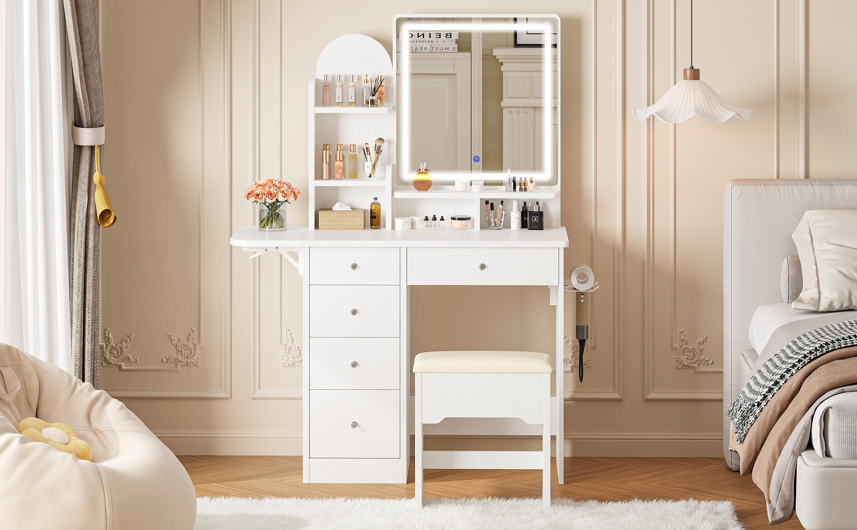LIKIMIO Vanity Desk with Mirror & LED Light, Makeup Vanity Table with 5 Drawers, Power Outlet, and Vanity Stool, 3 Lighting Colors, Dressing Table for Bedroom
