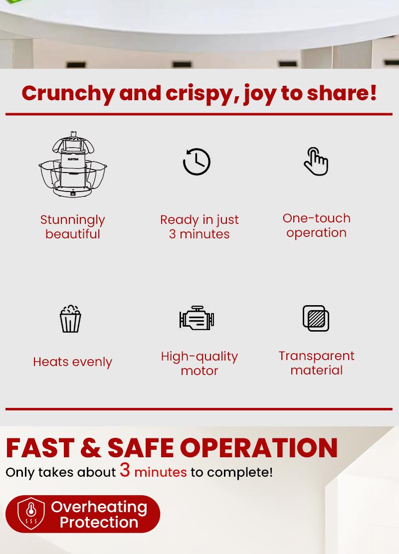 SUSTEAS Healthy Hot Air Popcorn Maker: Oil-Free, Fast, Includes 4 BPA-Free Bowls, Easy to Clean. Ideal for Family Movie Nights machine